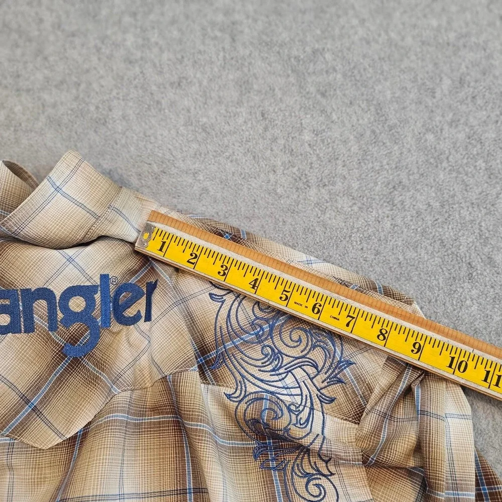Wrangler Mens Plaid Western Pearl Snap Shirt Embroidered Rodeo Tan Blue L